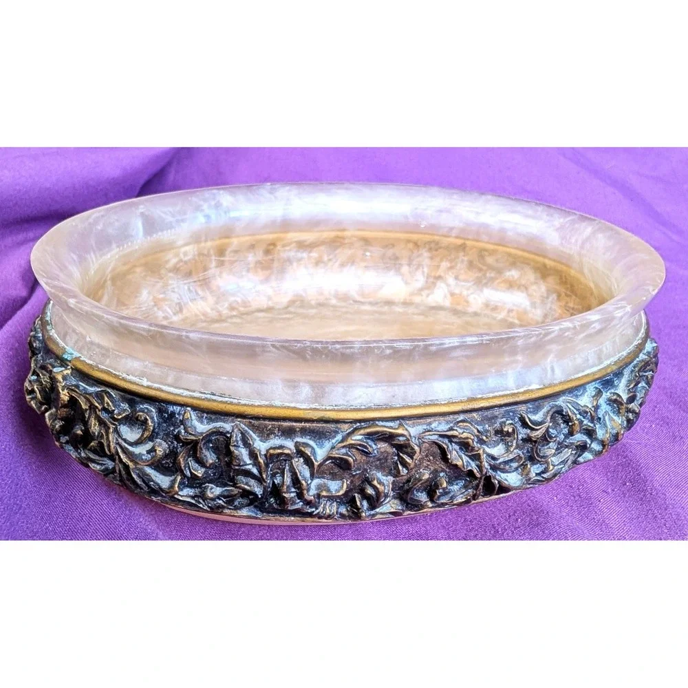 Wamsutta Golden Pearl Adagio Lucite Vanity Soap Trinket Candy Dish Bronze Vines